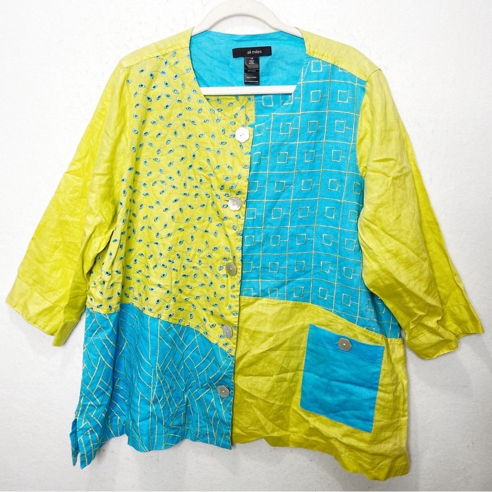 Ali Miles Vintage Linen Shacket Women's 1X Turquoise Lime Green Colorblock Artsy